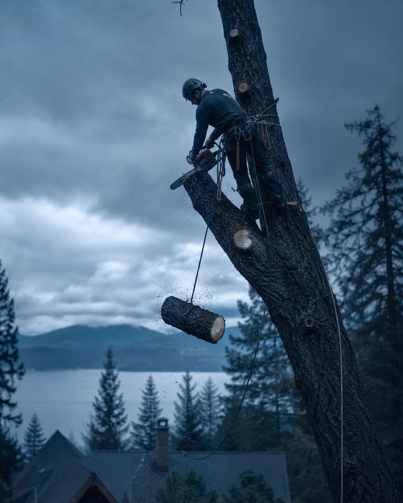 Professional arborist with chainsaw making a precision cut high in a large oak tree